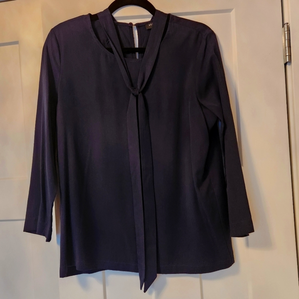 NWOT Selected Femme Navy Tie Neck Blouse 36 4 Shirt 3/4 sleeve Navy Blue Costal